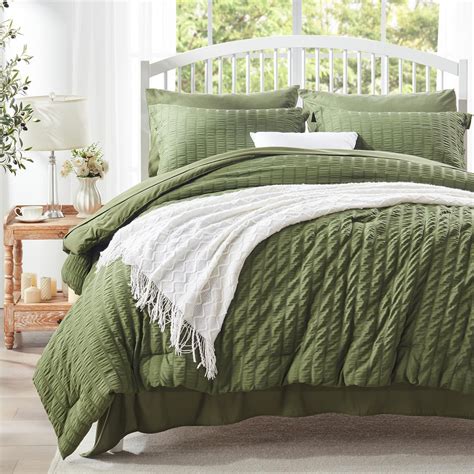 Zzlpp Queen Comforter Set 7 Pieces Olive Green Seersucker Bed In A Bag