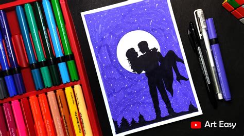 Romantic Couple And Blue Moonlight Scenery Drawing Easy Valentines