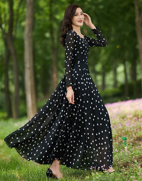 Polka Dot Chiffon Dress Black Maxi Chiffon Dress Long Sleeve Etsy