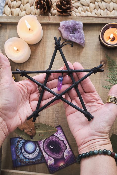 Wood Pentagram In Black With Crystal Pagan Wall Hanging Witch Altar