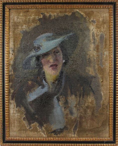 Ritratto Di Signora Con Cappello Olio Su Tela Cm 70x56 Firmato