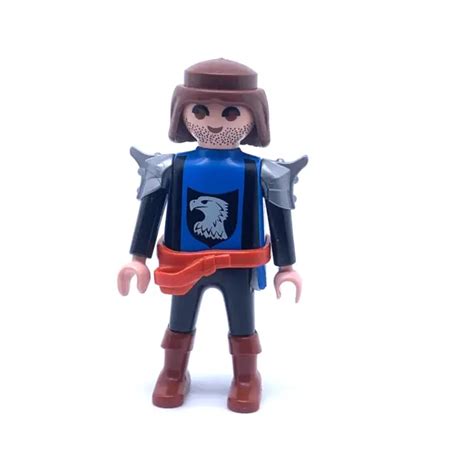 PLAYMOBIL MOYEN AGE Chevalier Du Faucon Chatain Armure Grise Bleue