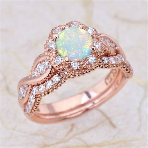 K Vintage Rose Gold Opal Engagement Ring And Wedding Band Etsy