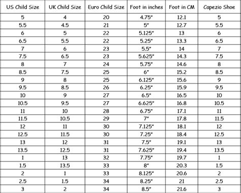 Tap Shoe Size Chart