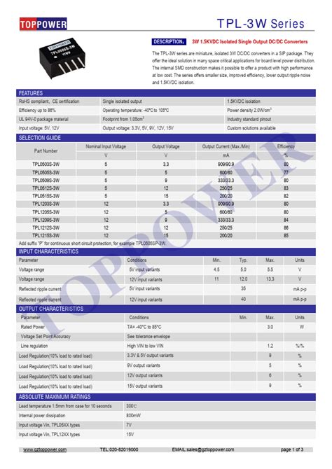 TPL1205S 3W Datasheet 3W 1 5KVDC Isolated Single Output DC DC Converters