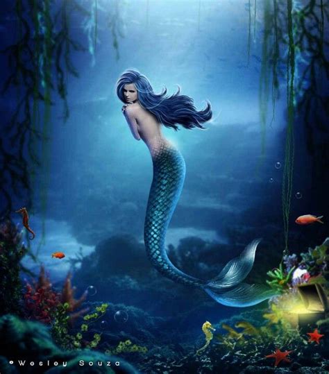 Blue Haired Mermaid Beautiful Mermaids Mermaid Island Mermaid Art