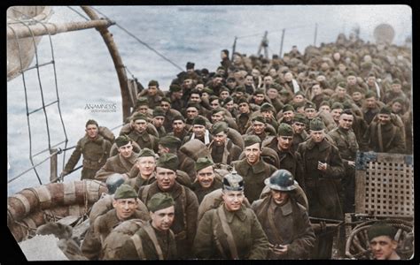 Soldiers Returning Home From War Aboard Ship Including One Wearing A