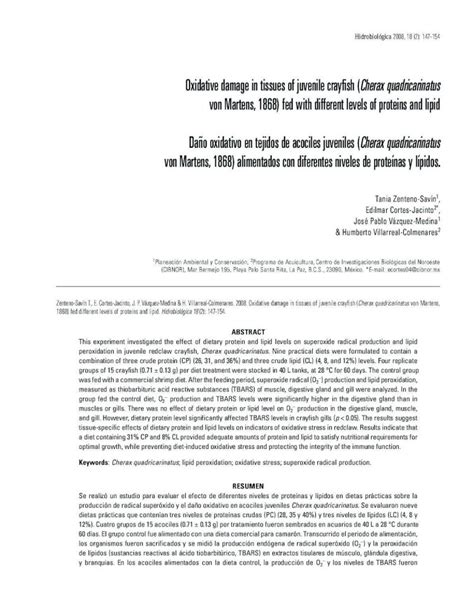 Pdf Oxidative Damage In Tissues Of Juvenile Crayfish Cherax