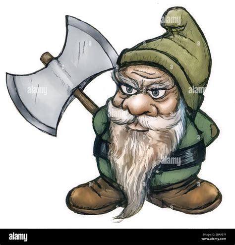 dwarf man in hat with long beard and double-headed ax Stock Photo - Alamy