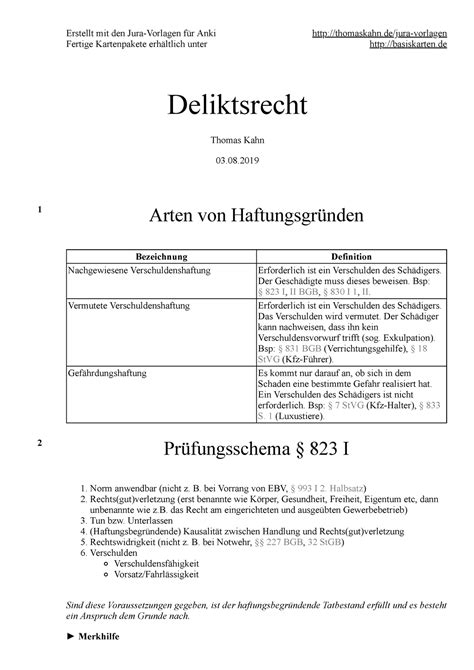 Leseprobe Basiskarten Skript Deliktsrecht Thomaskahn Jura Vorlagen