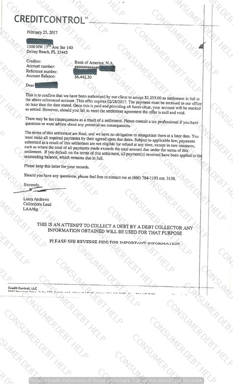 Settlement Letters from Bank of America – Consumer DEBT HELP ASSOCIATION
