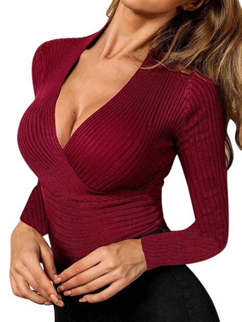 Frontwalk Womens Deep V Neck Long Sleeve Unique Crop Shirts Cross Front Wrap Sexy Slim Fit