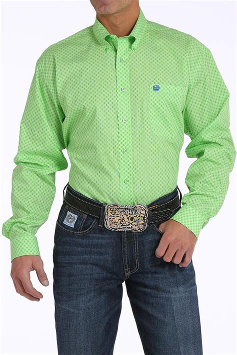 Cinch Mens Lime Green Geometric Print Button Up Western Shirt