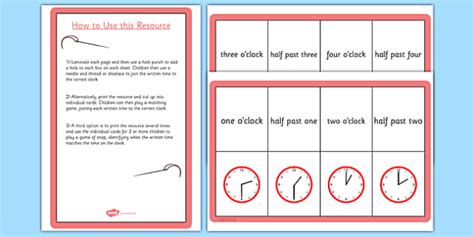 O Clock And Half Past Matching Threading Cards Twinkl