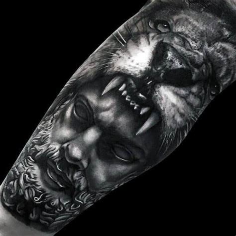 Greek God With Lion Head Realistic Mens Leg Tattoo Sleeve Leg Sleeve