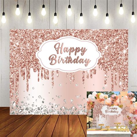 7x5ft Happy Birthday Backdrop Pink Backdrop Pink Rose Golden Birthday Party Backdrop Glitter