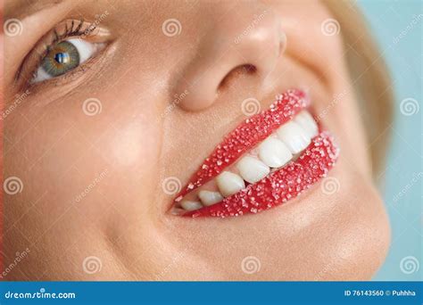 Woman With Beautiful Smile Sugar Lip Scrub On Lips Beauty Face Stock