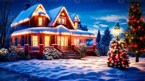 Christmas scene with lit up house and lit up christmas tree. Generative ...