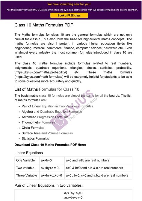 Solution Maths Formulas For Class 10 Pdf Studypool