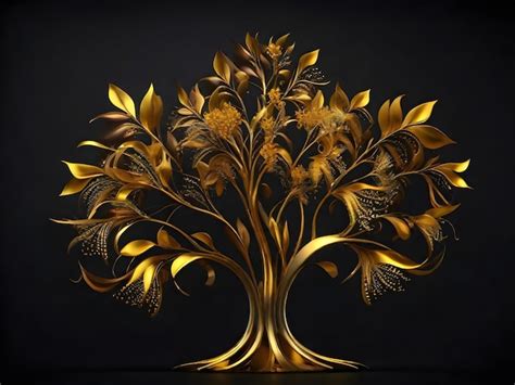 Premium Photo A Gold Tree With Gold Leaves And A Black Background