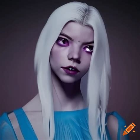 Image Of A White Haired Drow Girl With Purple Eyes And Blue Dress On