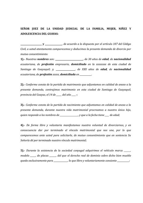 Demanda De Divorcio Mutuo Acuerdo Derecho Constitucional Ucsg