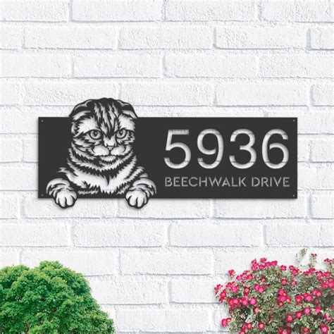 Dinozozo Cute Peeking Scottish Fold Cat Address Sign House Number