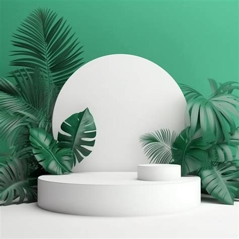 Premium Ai Image White Product Podium With Green Tropical Leaves