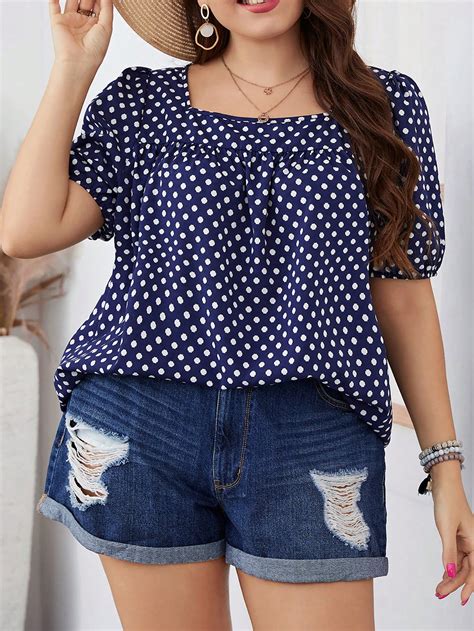 Plus Polka Dot Print Puff Sleeve Blouse Shein Usa