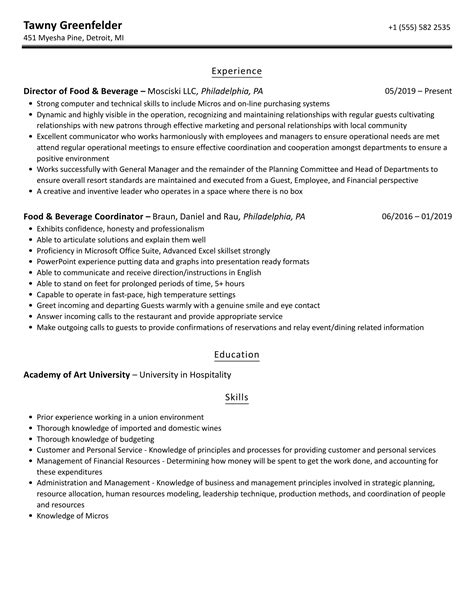 Food And Beverage Resume Samples Velvet Jobs