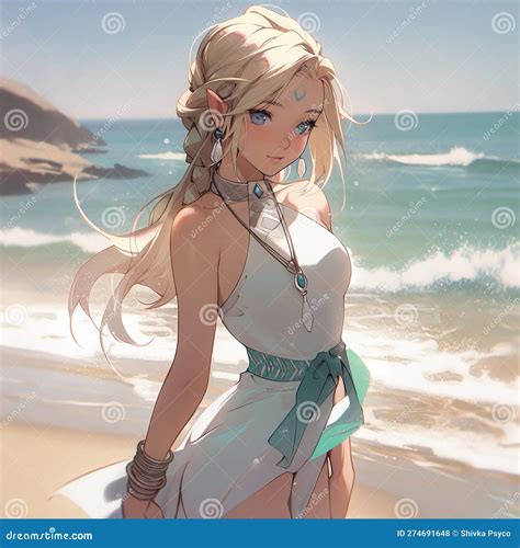 Beautiful Blonde Anime Girl On The Beach In Green Dress Generative Ai Stock Illustration