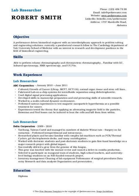 Lab Researcher Resume Samples Qwikresume