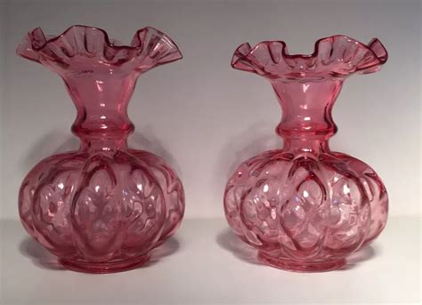 Set Of 2 Vintage Fenton Art Glass Ruffled Cranberry Pink Melon Vase 6 Wedding Glass Art