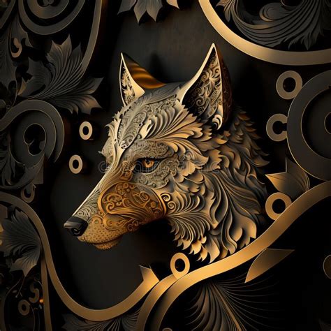 Gold Filigree Inlaid Wolf Generative Ai Stock Illustration