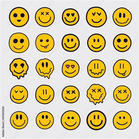 Pack of Cool Trendy Smiley Icons. Hand Drawn Smile Happy Stickers, Patches and Pins Collection ...