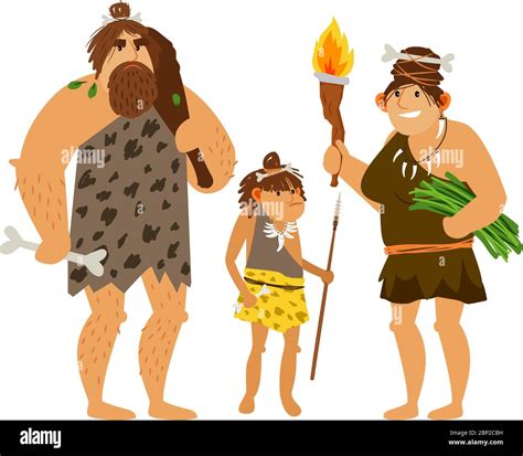 Familia de la edad de piedra Vector mujer prehistórica hombre cueva y