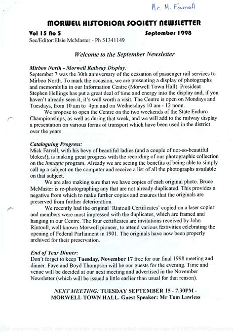 Newsletter September 1998 Morwell Historical Society