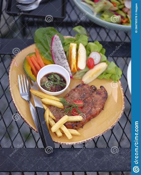 Thai Style Grilled Pork Neck With Spicy Dipping Sauce Stock Photo