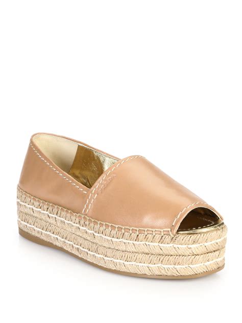 Prada Leather Peep Toe Platform Espadrilles In Natural Lyst