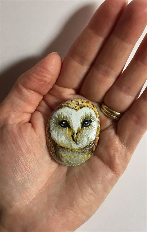 Hand Painted Rock Stone Cute Baby Barn Owl Cute Bird Wildlife Painted