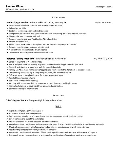 Parking Attendant Resume Samples | Velvet Jobs