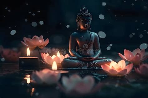 Meditation Buddha Statue With Candles And Lotus Neural Network AI