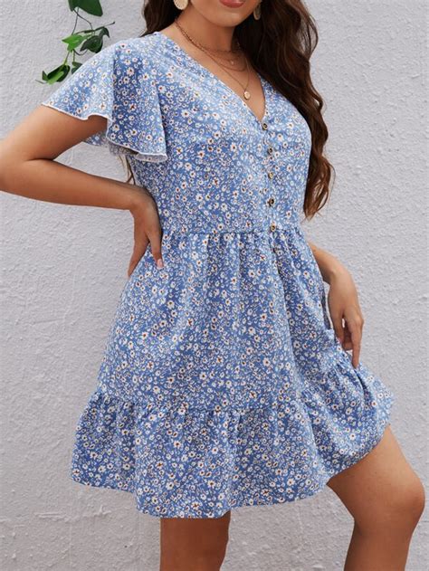 Shein Vcay Vestido Con Estampado Floral De Manga Mariposa Bajo Con