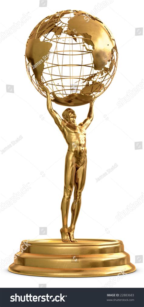 A Gold Trophy Of A Man Holding A Globe Isolated On A White Background