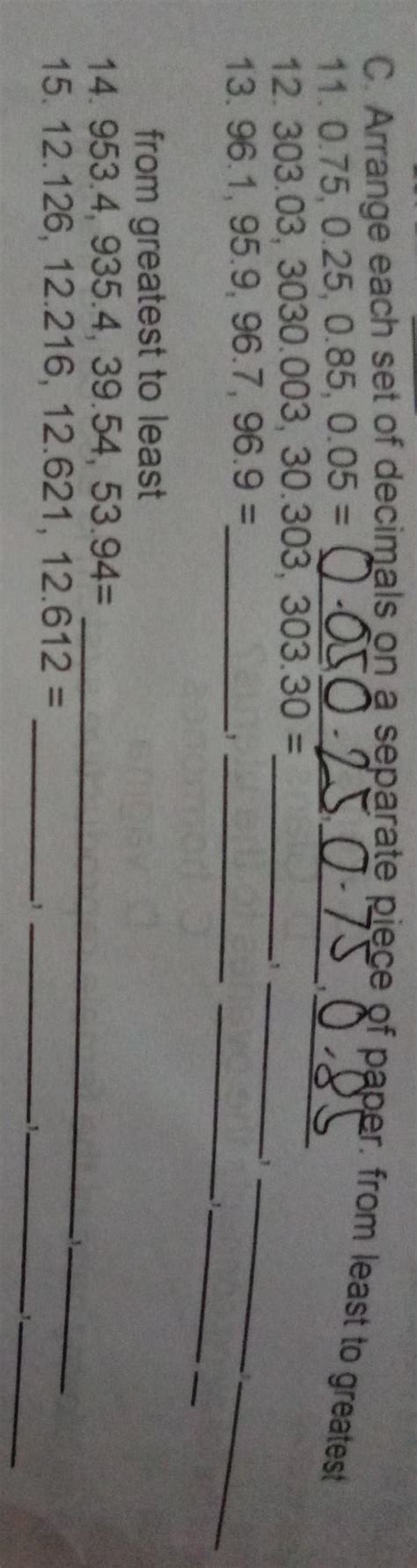 C Arrange Each Set Of Decimals On A Separate Piece Of Paper From