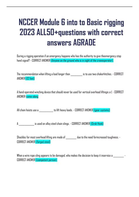 Nccer Module Into To Basic Rigging All Questions With Correct