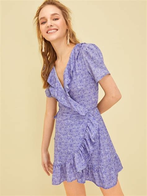 Ditsy Floral Print Ruffle Hem Wrap Dress Wrap Dress Nice Dresses