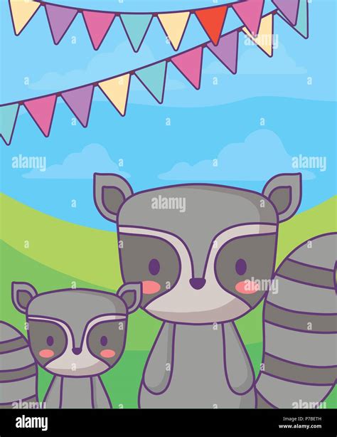 Cute Raccoons Over Landscape Background Colorful Design Vector