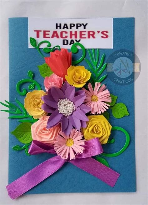 Handmade Teachers' Day Card with Flowers and Purple Ribbon