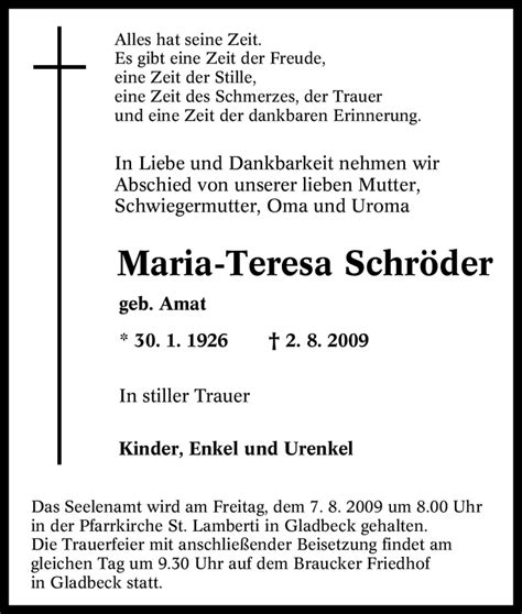 Traueranzeigen von Maria Teresa Schröder Trauer in NRW de